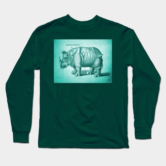 Teal Rhino Antique Engraving Long Sleeve T-Shirt by chilangopride